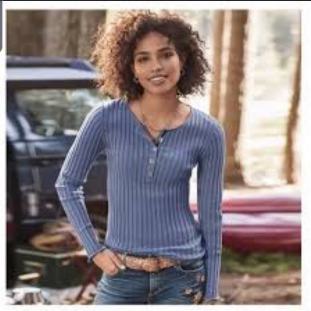 Ribbed Henley Long Sleeve Tee - Blue